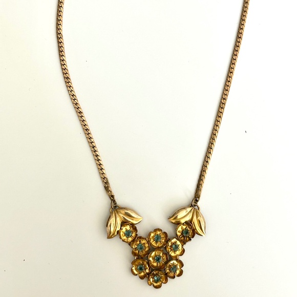 Vintage Gold Filled Floral Necklace — Turquoise Crystal Accents — Signed - Picture 3 of 9